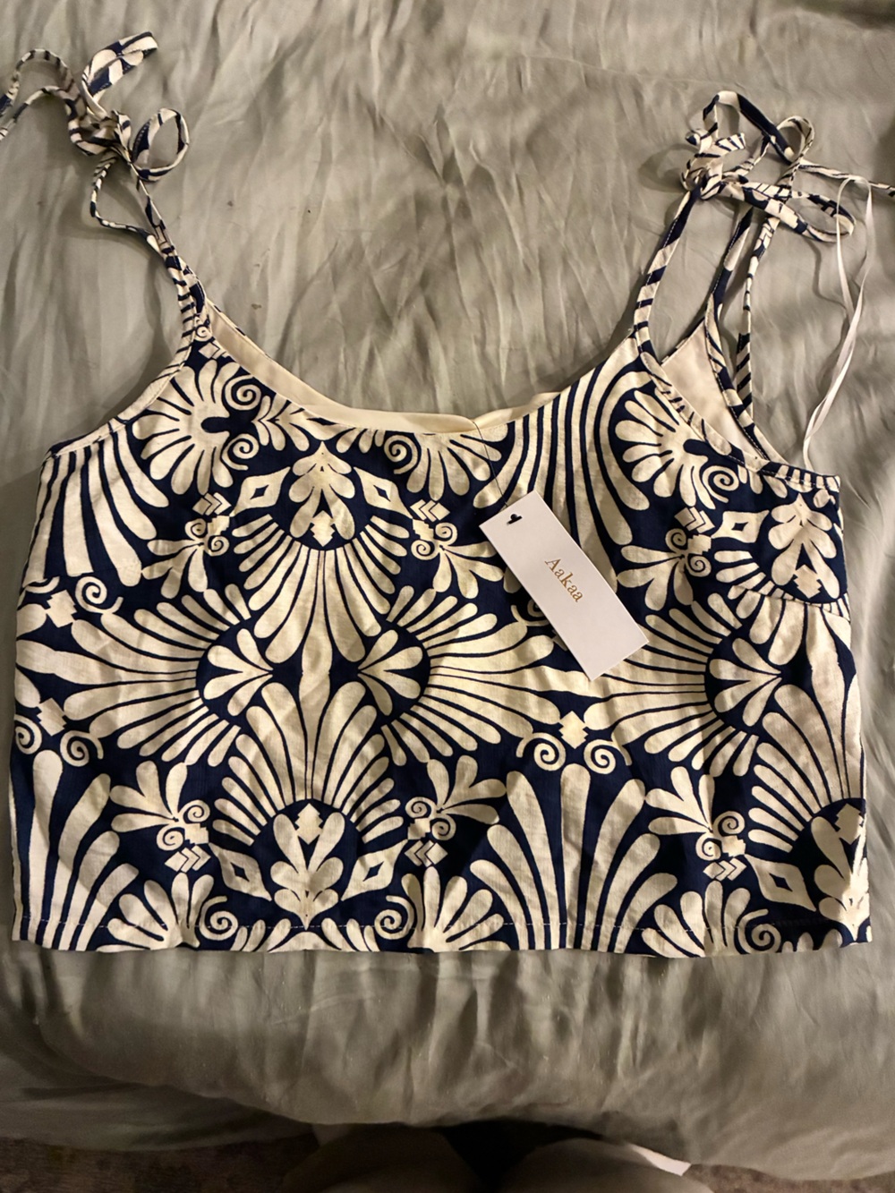 Aakaa Navy and Cream Patterned Halter Camisole